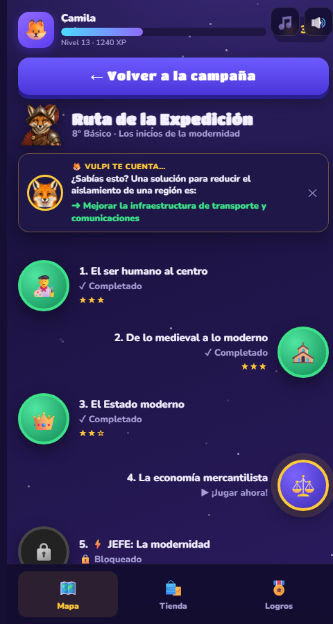 Mapa de una expedición de Historia dentro del juego, con etapas completadas y estrellas