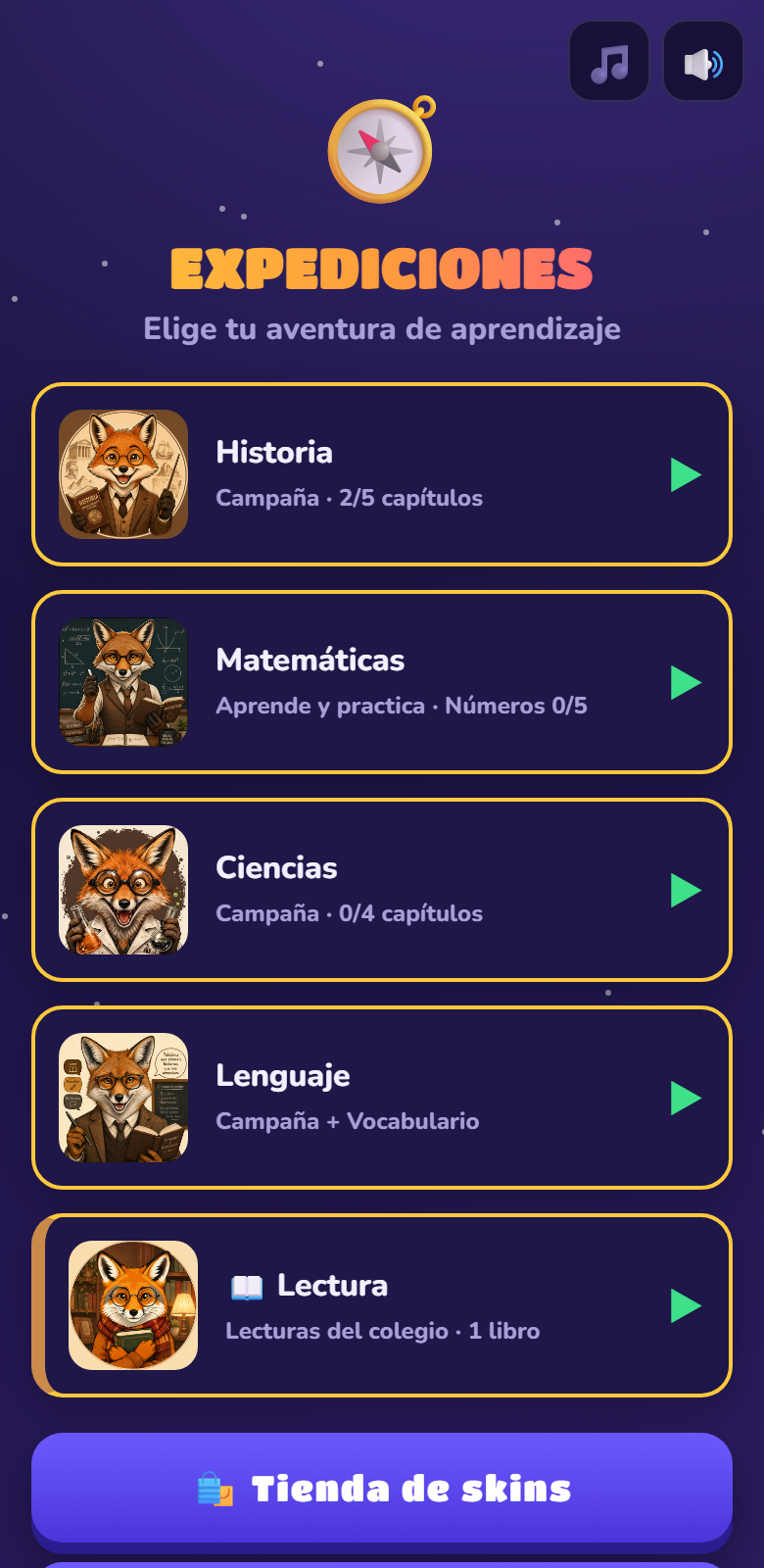 Pantalla con las cuatro asignaturas: Historia, Matemáticas, Ciencias y Lenguaje