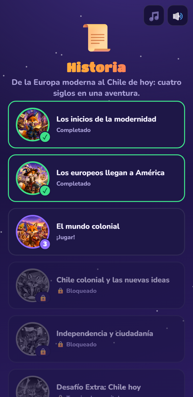 Los capítulos de Historia en orden, cada uno con su ilustración