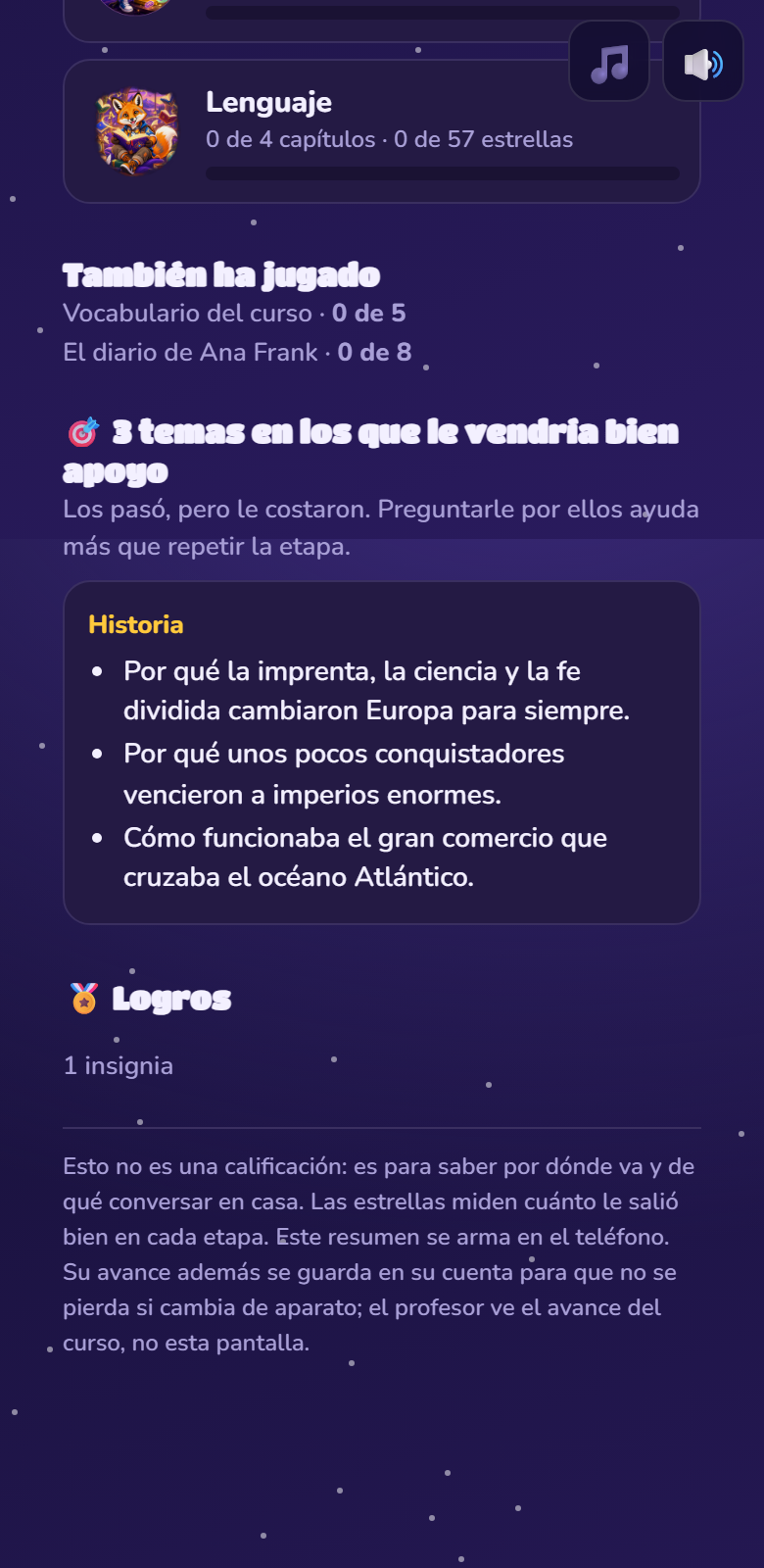 Lista de temas en los que le vendría bien apoyo, con su nombre en lenguaje de niño