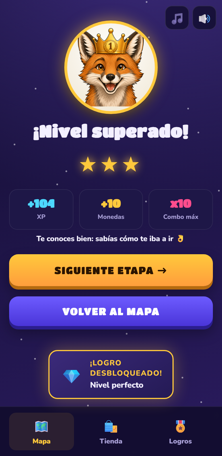 Pantalla de resultado con dos estrellas, XP, monedas y un logro desbloqueado