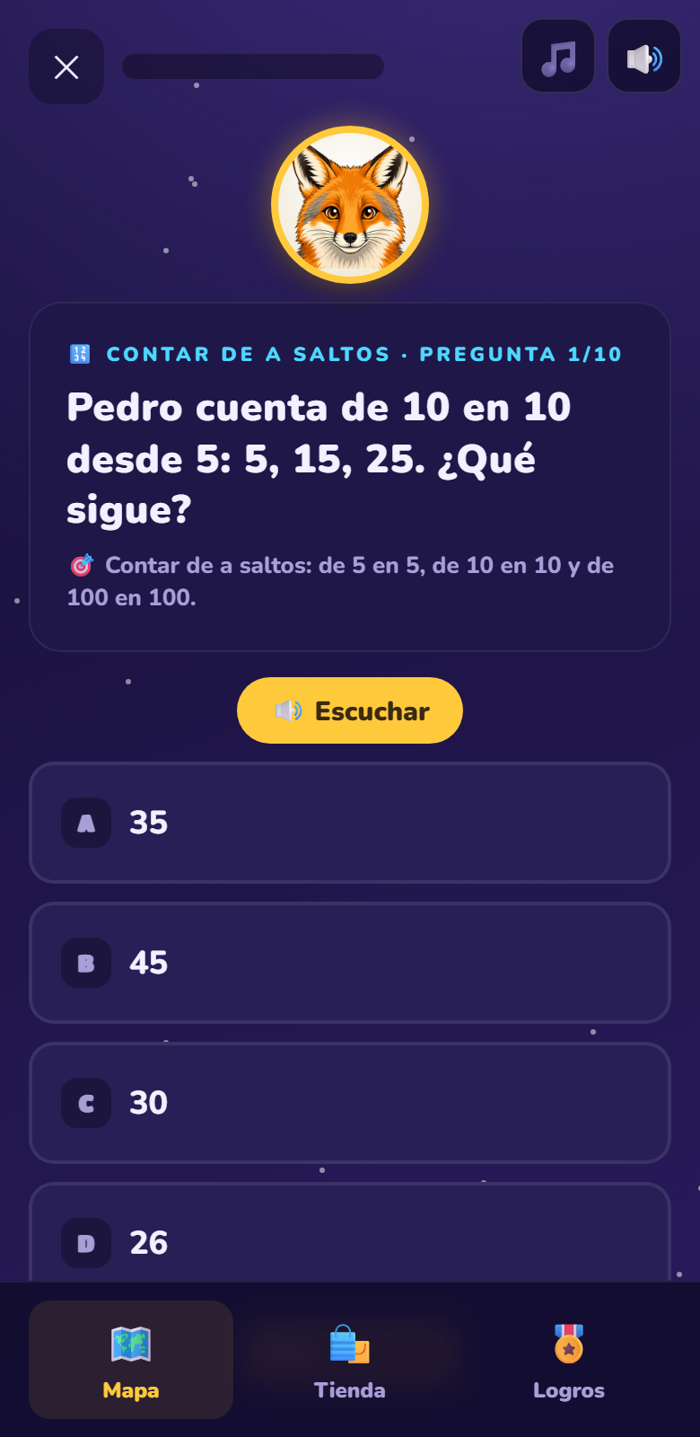 Botón Escuchar en una pregunta de 3° básico